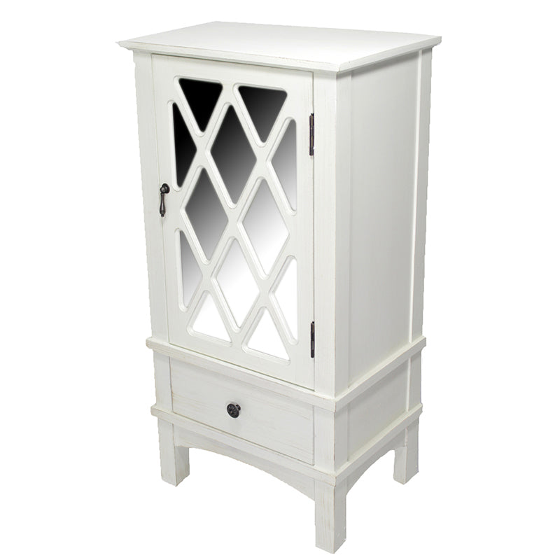 18" X 13" X 36" Antique White MDF  Wood  Mirrored Glass Accent Cabinet with a Door and a Drawer