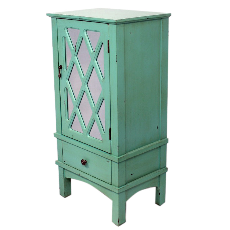 18" X 13" X 36" Turquoise MDF  Wood  Mirrored Glass Accent Cabinet with a Door and a Drawer