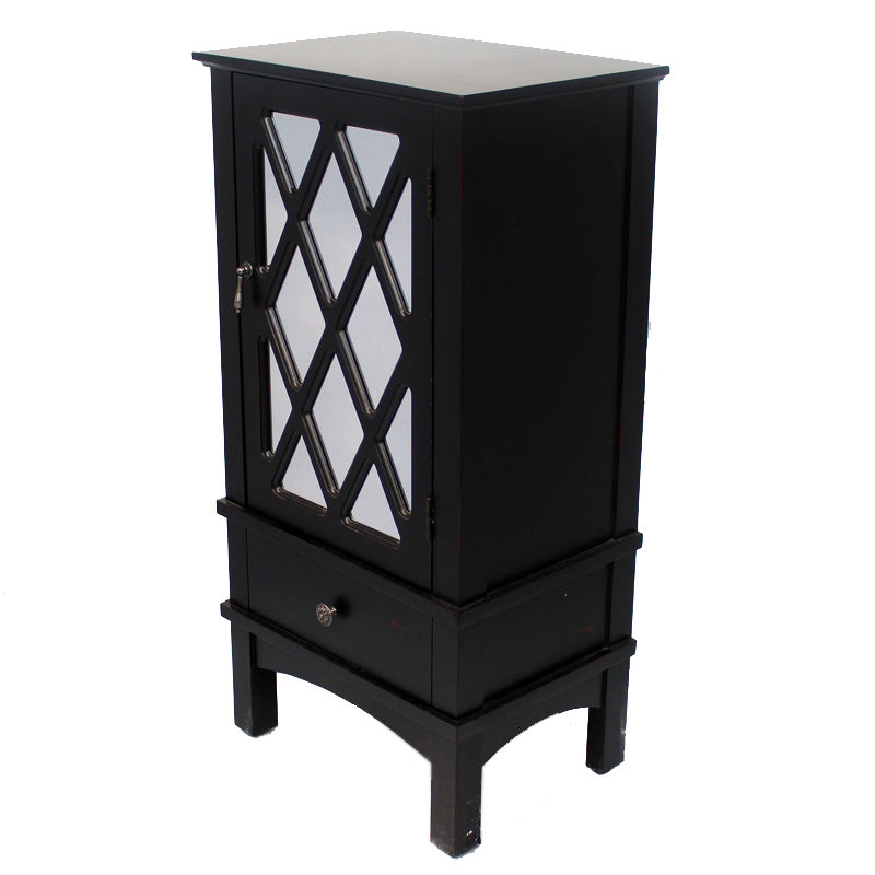 18" X 13" X 36" Black MDF  Wood  Mirrored Glass Accent Cabinet with a Door and Drawer and Lattice Inserts