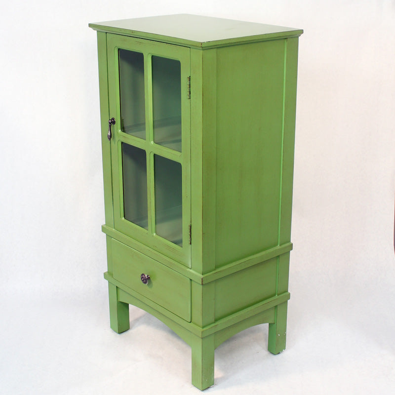 18" X 13" X 36" Green MDF  Wood  Clear Glass Accent Cabinet with a Door and Drawer and Paned Inserts