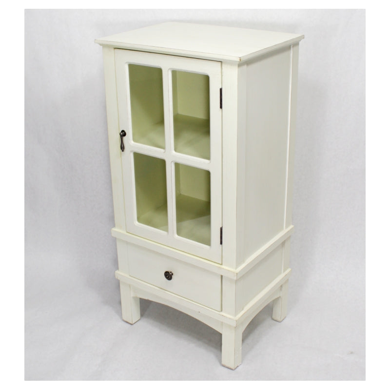 18" X 13" X 36" Antique White MDF  Wood  Clear Glass Accent Cabinet with a Door and a Drawer