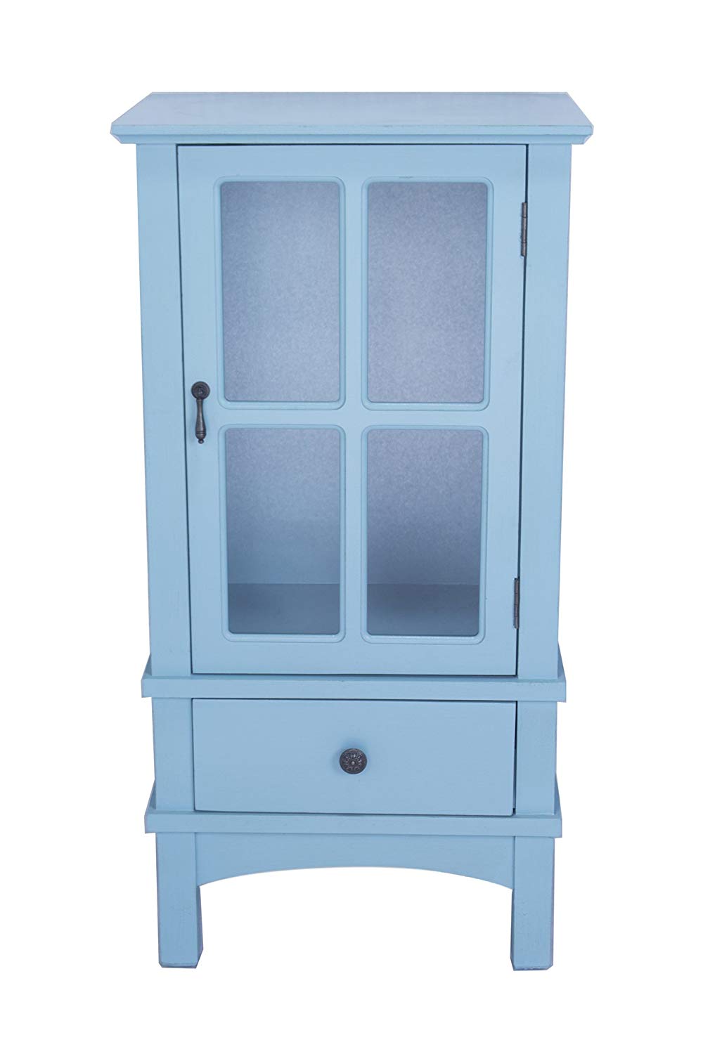 18" X 13" X 36" Aqua MDF  Wood  Clear Glass Accent Cabinet with a Door and Drawer and Paned Inserts