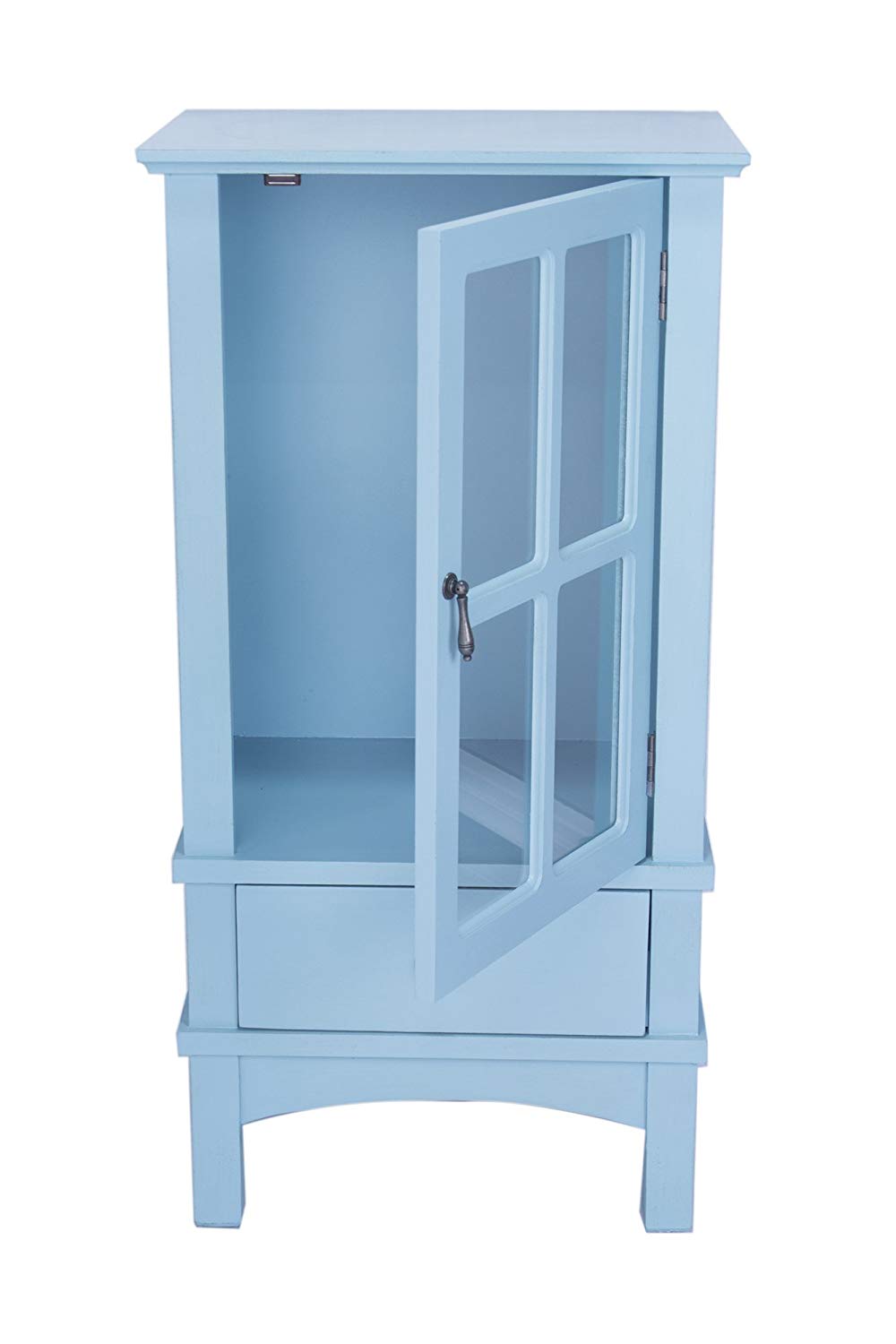 18" X 13" X 36" Aqua MDF  Wood  Clear Glass Accent Cabinet with a Door and Drawer and Paned Inserts