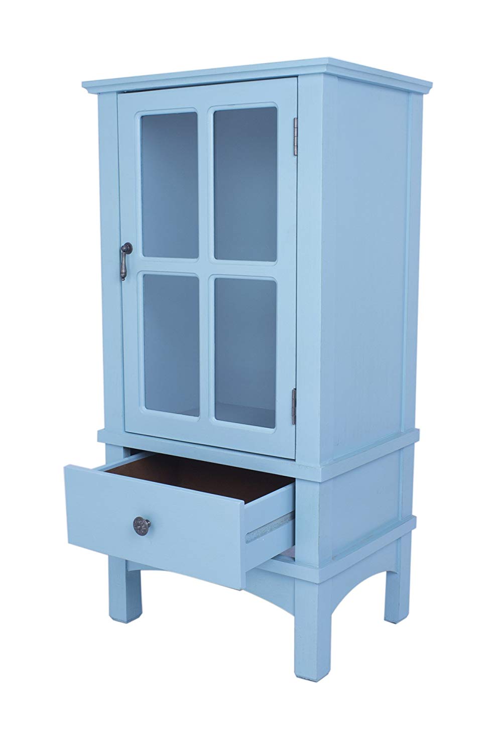 18" X 13" X 36" Aqua MDF  Wood  Clear Glass Accent Cabinet with a Door and Drawer and Paned Inserts