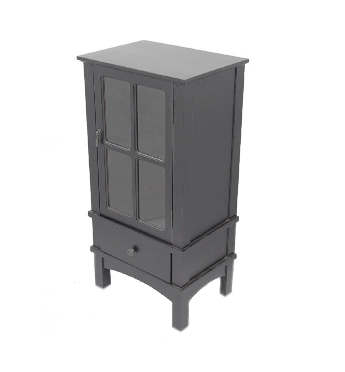 18" X 13" X 36" Black MDF  Wood  Clear Glass Accent Cabinet with a Door and Drawer and Paned Inserts