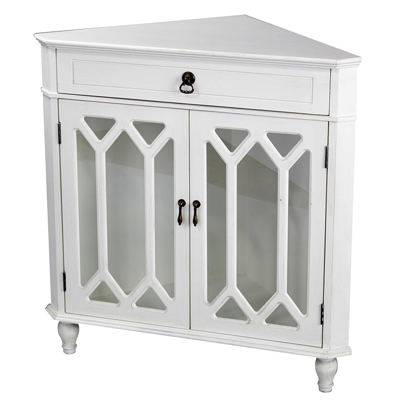 31" X 17" X 32" Antique White MDF  Wood  Clear Glass Corner Cabinet with a Drawer and  Doors