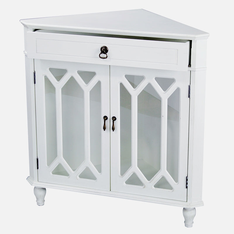 31" X 17" X 32" Antique White MDF  Wood  Clear Glass Corner Cabinet with a Drawer and  Doors