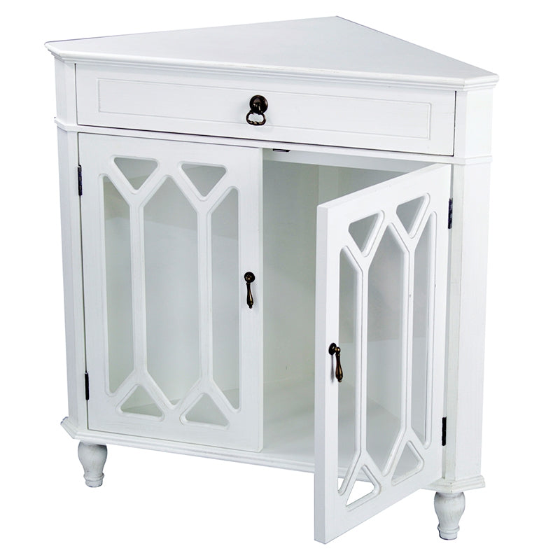 31" X 17" X 32" Antique White MDF  Wood  Clear Glass Corner Cabinet with a Drawer and  Doors
