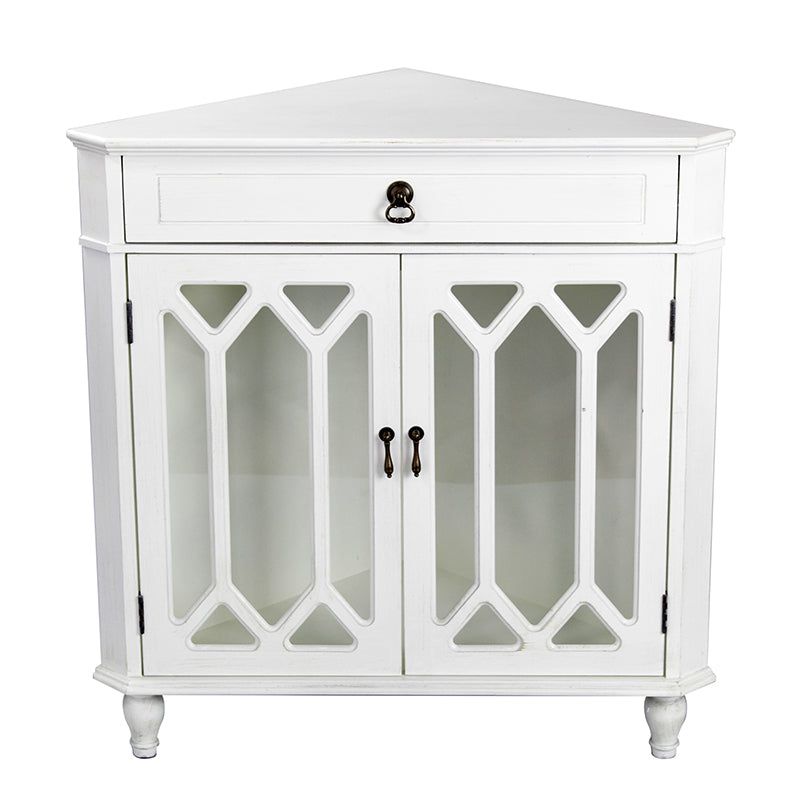 31" X 17" X 32" Antique White MDF  Wood  Clear Glass Corner Cabinet with a Drawer and  Doors