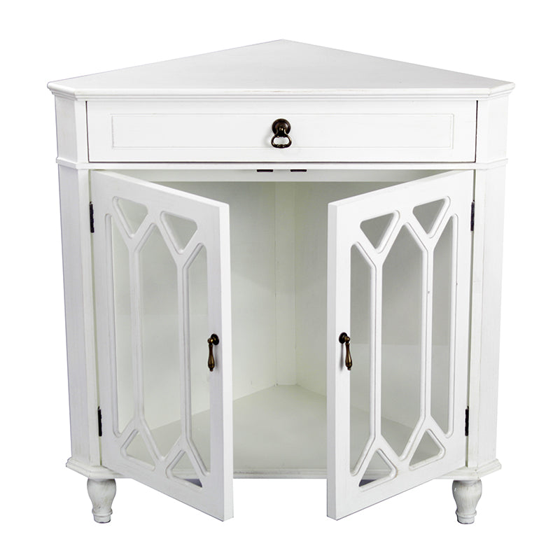 31" X 17" X 32" Antique White MDF  Wood  Clear Glass Corner Cabinet with a Drawer and  Doors