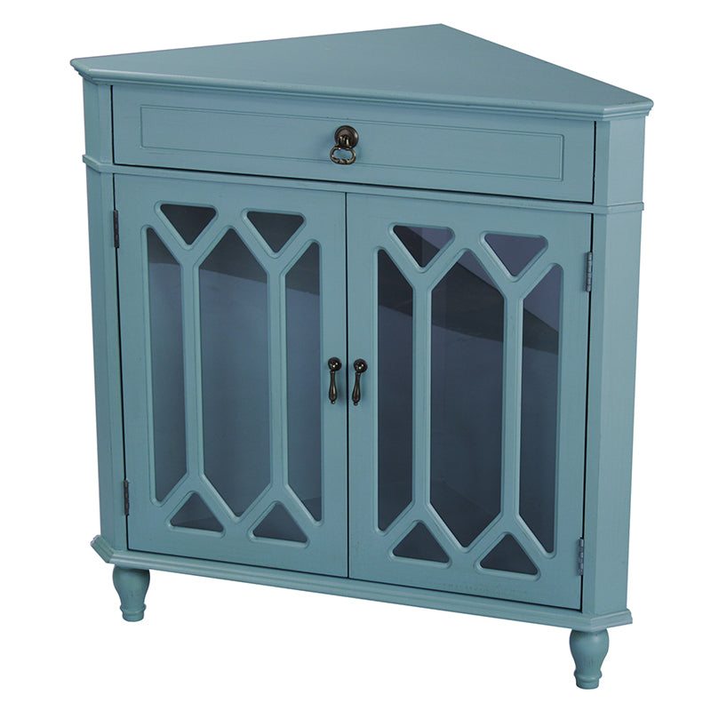 31" X 17" X 32" Turquoise MDF  Wood  Clear Glass Corner Cabinet with a Drawer and  Doors