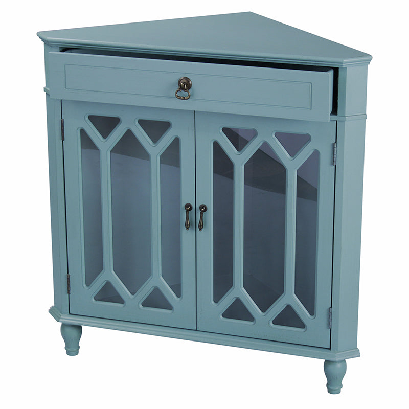 31" X 17" X 32" Turquoise MDF  Wood  Clear Glass Corner Cabinet with a Drawer and  Doors