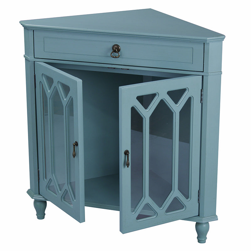 31" X 17" X 32" Turquoise MDF  Wood  Clear Glass Corner Cabinet with a Drawer and  Doors