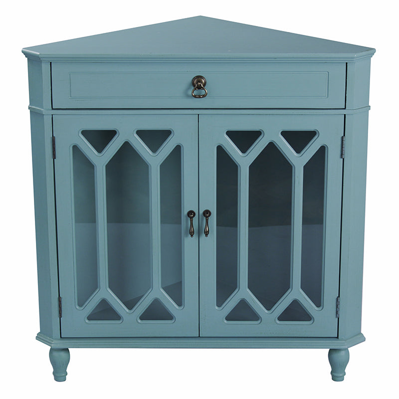31" X 17" X 32" Turquoise MDF  Wood  Clear Glass Corner Cabinet with a Drawer and  Doors