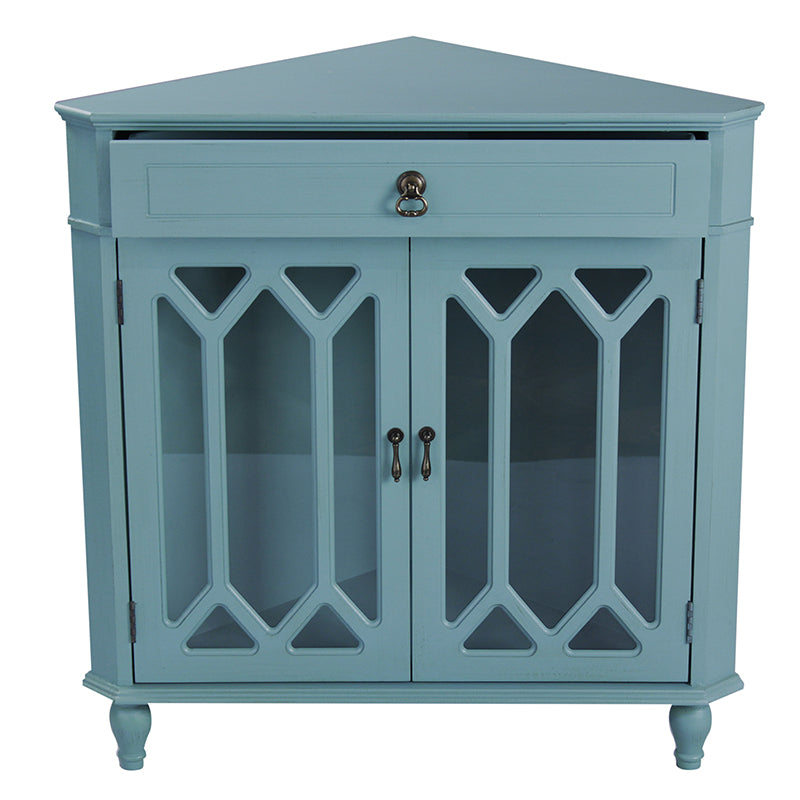 31" X 17" X 32" Turquoise MDF  Wood  Clear Glass Corner Cabinet with a Drawer and  Doors