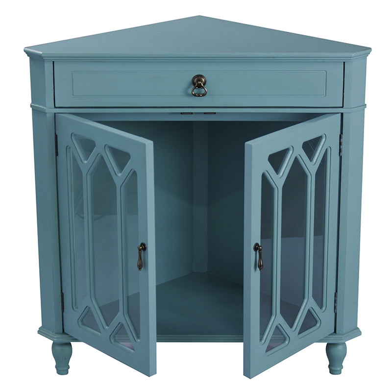 31" X 17" X 32" Turquoise MDF  Wood  Clear Glass Corner Cabinet with a Drawer and  Doors