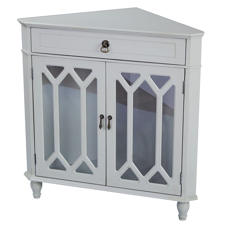 31" X 17" X 32" Light Sage MDF  Wood  Clear Glass Corner Cabinet with a Drawer and  Doors
