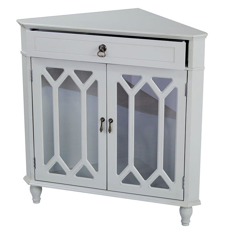 31" X 17" X 32" Light Sage MDF  Wood  Clear Glass Corner Cabinet with a Drawer and  Doors