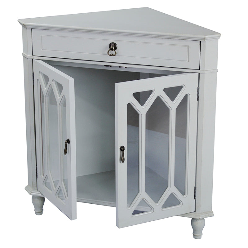 31" X 17" X 32" Light Sage MDF  Wood  Clear Glass Corner Cabinet with a Drawer and  Doors
