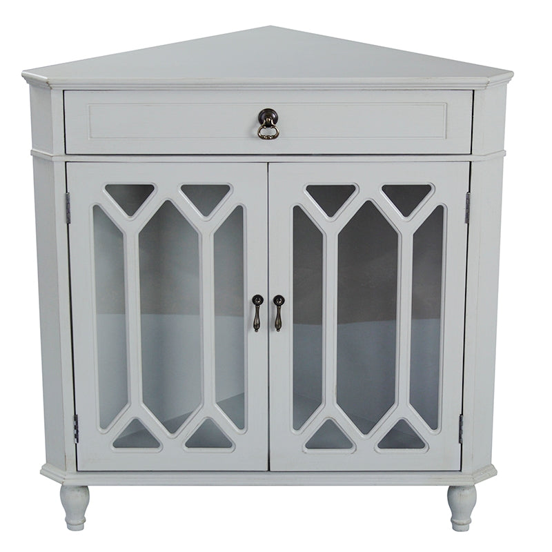 31" X 17" X 32" Light Sage MDF  Wood  Clear Glass Corner Cabinet with a Drawer and  Doors