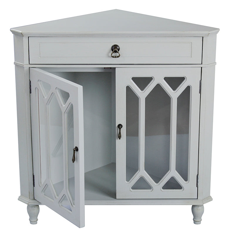 31" X 17" X 32" Light Sage MDF  Wood  Clear Glass Corner Cabinet with a Drawer and  Doors