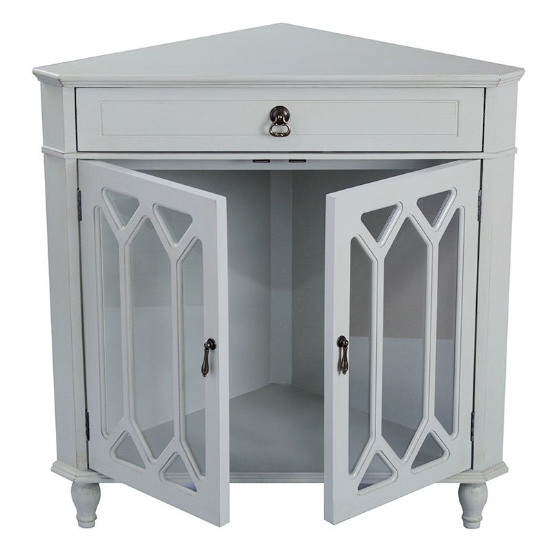 31" X 17" X 32" Light Sage MDF  Wood  Clear Glass Corner Cabinet with a Drawer and  Doors