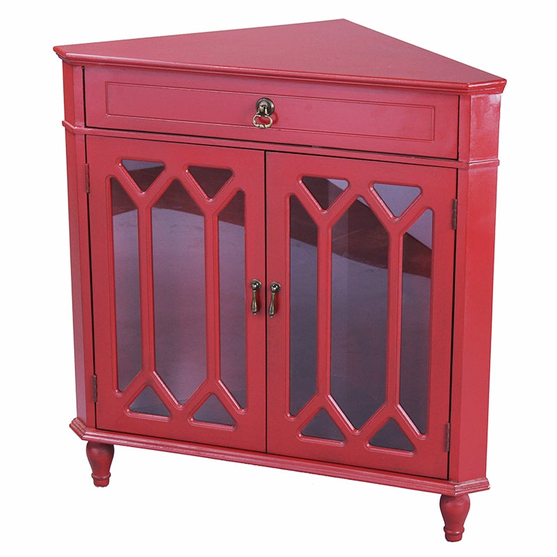 31" X 17" X 32" Red MDF  Wood  Clear Glass Corner Cabinet with a Drawer Doors and Hexagonal Inserts