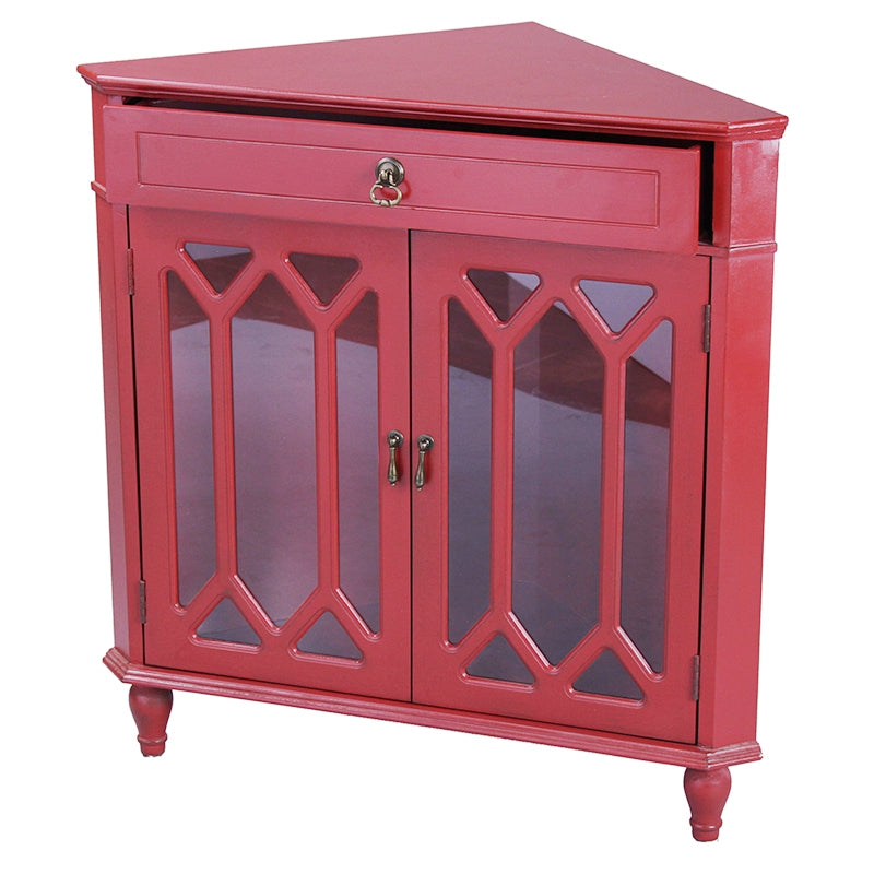 31" X 17" X 32" Red MDF  Wood  Clear Glass Corner Cabinet with a Drawer Doors and Hexagonal Inserts