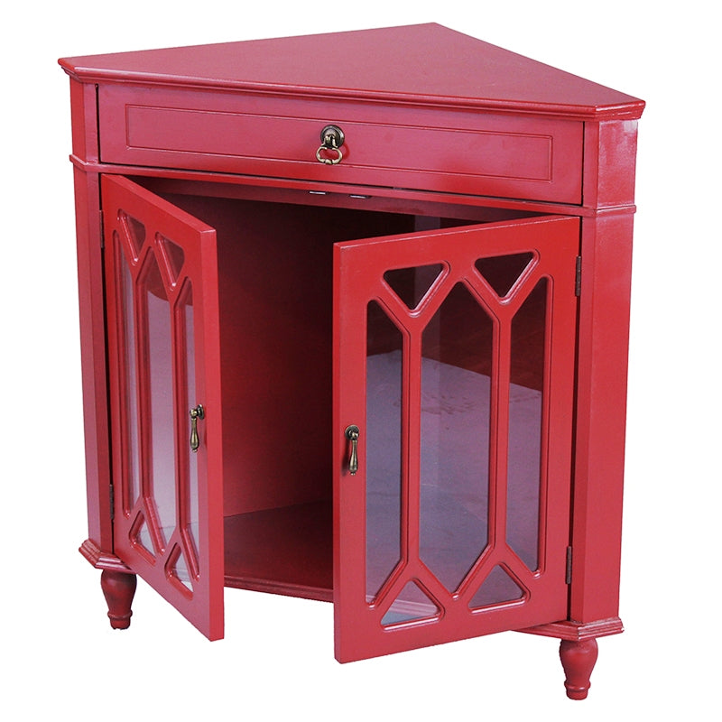 31" X 17" X 32" Red MDF  Wood  Clear Glass Corner Cabinet with a Drawer Doors and Hexagonal Inserts