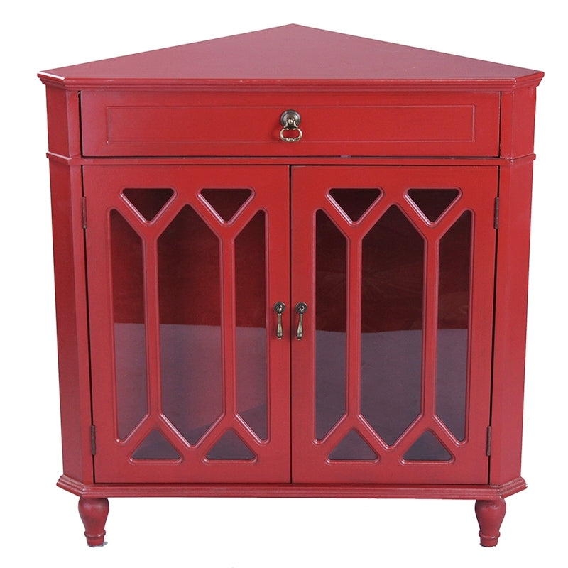 31" X 17" X 32" Red MDF  Wood  Clear Glass Corner Cabinet with a Drawer Doors and Hexagonal Inserts