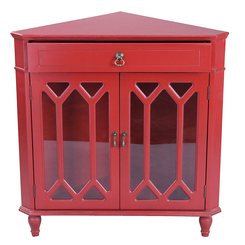 31" X 17" X 32" Red MDF  Wood  Clear Glass Corner Cabinet with a Drawer Doors and Hexagonal Inserts