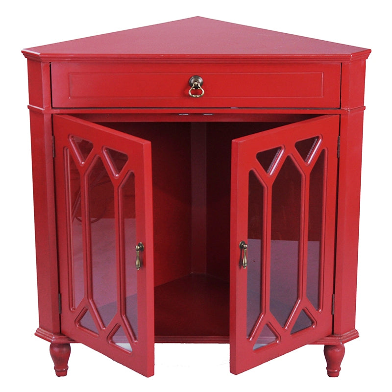 31" X 17" X 32" Red MDF  Wood  Clear Glass Corner Cabinet with a Drawer Doors and Hexagonal Inserts