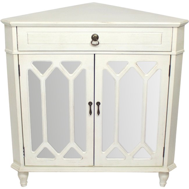 31" X 17" X 32" Antique White MDF  Wood  Mirrored Glass Corner Cabinet with a Drawer Doors and Hexagonal Inserts
