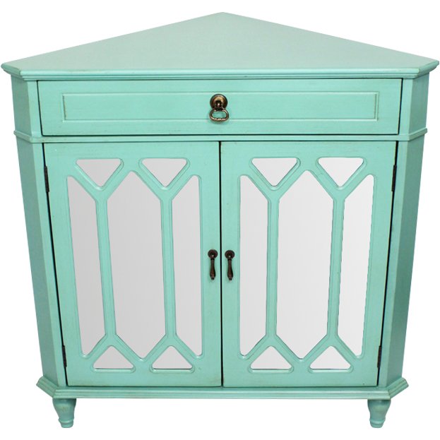 31" X 17" X 32" Turquoise MDF  Wood  Mirrored Glass Corner Cabinet with a Drawer and  Doors