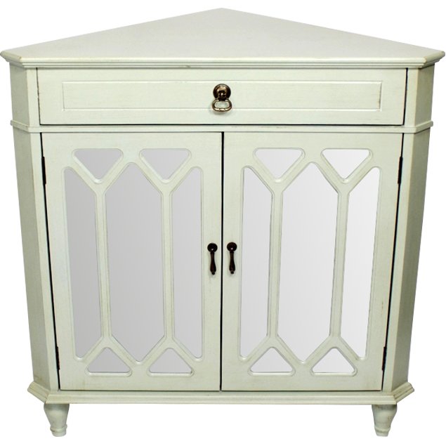 31" X 17" X 32" Light Sage MDF  Wood  Mirrored Glass Corner Cabinet with a Drawer and  Doors