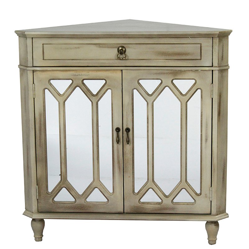 31" X 17" X 32" Taupe Wash MDF  Wood  Mirrored Glass Corner Cabinet with a Drawer and  Doors