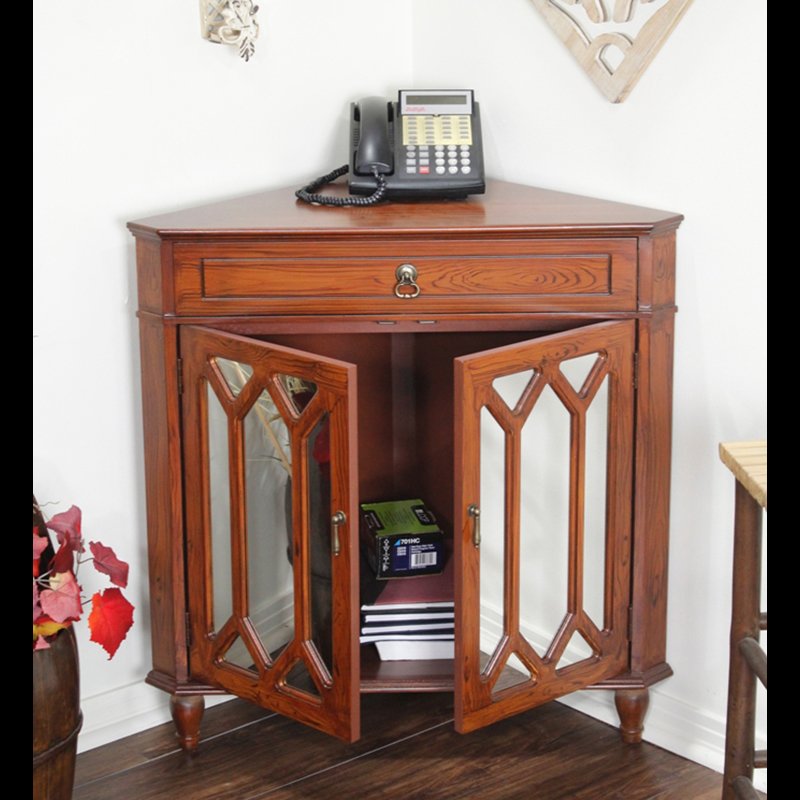 31" X 17" X 32" Mahogany Veneer MDF  Wood  Mirrored Glass Corner Cabinet with a Drawer and  Doors