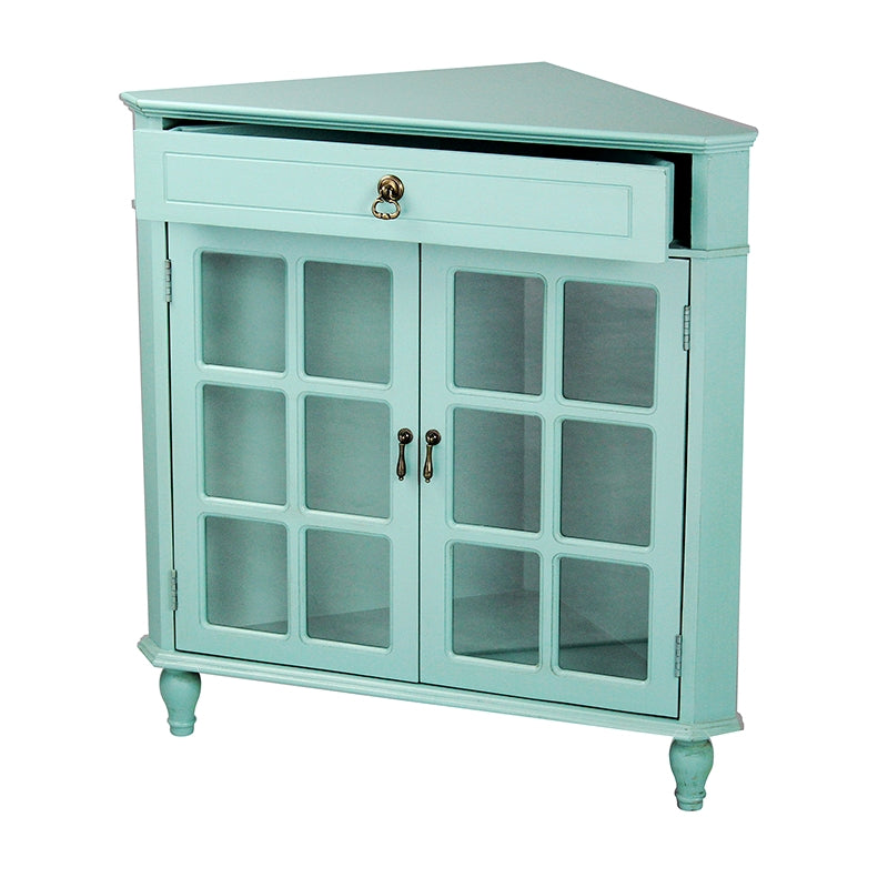 Turquoise MDF Wood Clear Glass Corner Cabinet with a Drawer Doors and Paned Inserts