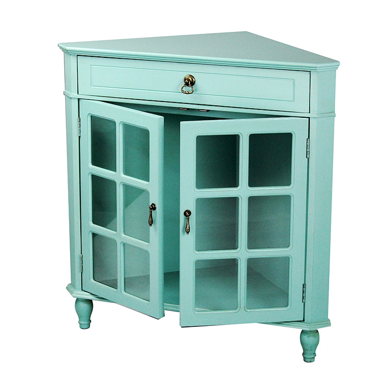 Turquoise MDF Wood Clear Glass Corner Cabinet with a Drawer Doors and Paned Inserts
