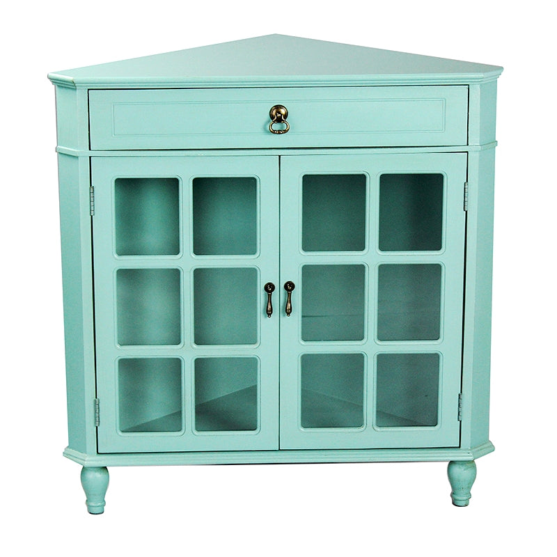 Turquoise MDF Wood Clear Glass Corner Cabinet with a Drawer Doors and Paned Inserts