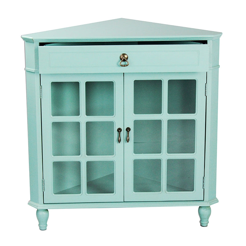 Turquoise MDF Wood Clear Glass Corner Cabinet with a Drawer Doors and Paned Inserts