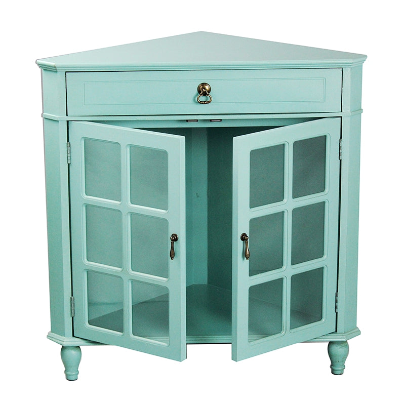 Turquoise MDF Wood Clear Glass Corner Cabinet with a Drawer Doors and Paned Inserts