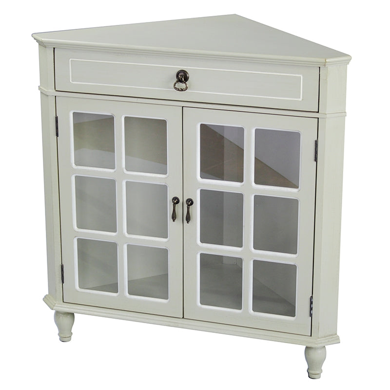 31" X 17" X 32" Beige MDF  Wood  Clear Glass Corner Cabinet with a Drawer Doors and Paned Inserts