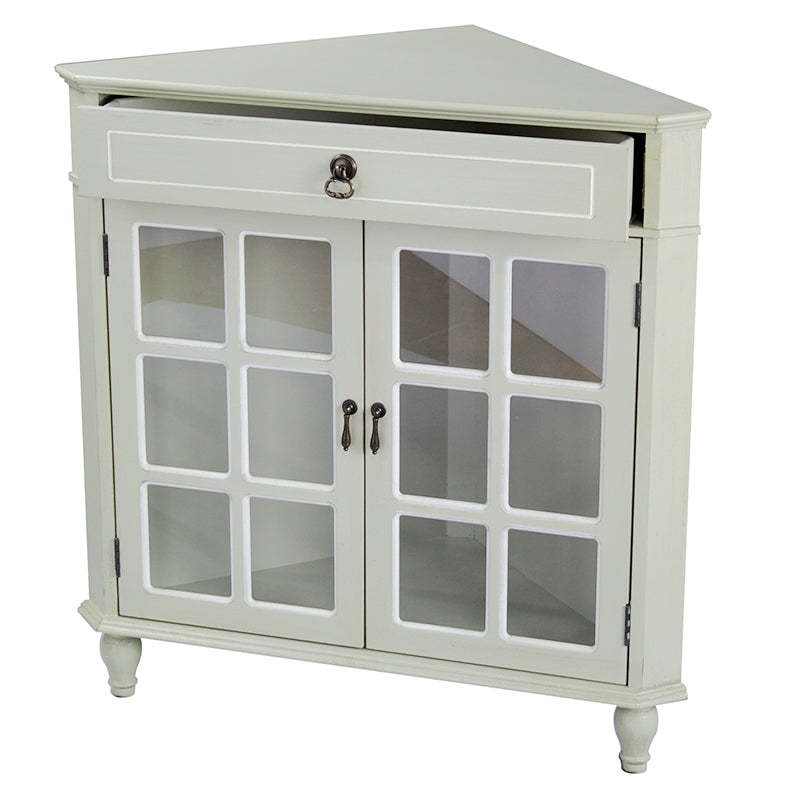 31" X 17" X 32" Beige MDF  Wood  Clear Glass Corner Cabinet with a Drawer Doors and Paned Inserts