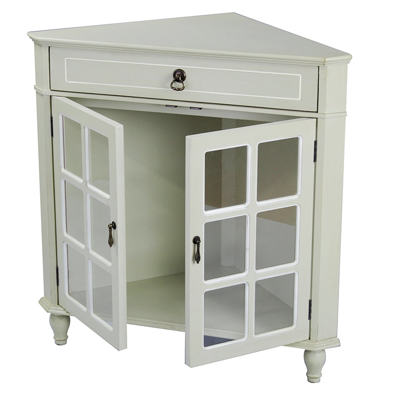 31" X 17" X 32" Beige MDF  Wood  Clear Glass Corner Cabinet with a Drawer Doors and Paned Inserts