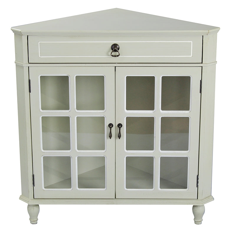 31" X 17" X 32" Beige MDF  Wood  Clear Glass Corner Cabinet with a Drawer Doors and Paned Inserts