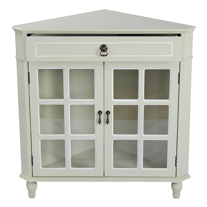 31" X 17" X 32" Beige MDF  Wood  Clear Glass Corner Cabinet with a Drawer Doors and Paned Inserts