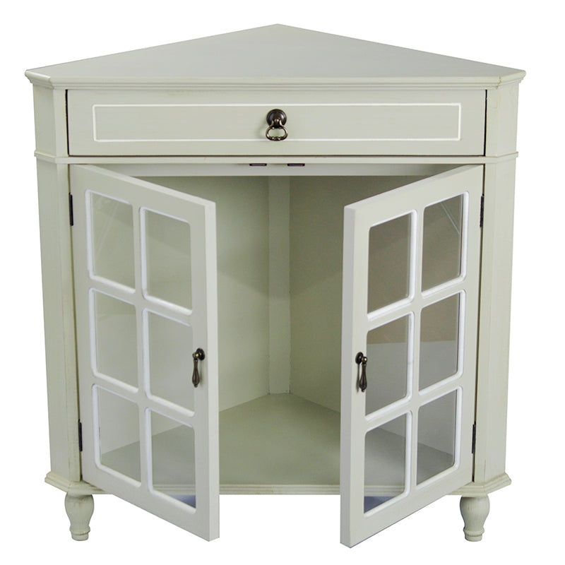 31" X 17" X 32" Beige MDF  Wood  Clear Glass Corner Cabinet with a Drawer Doors and Paned Inserts