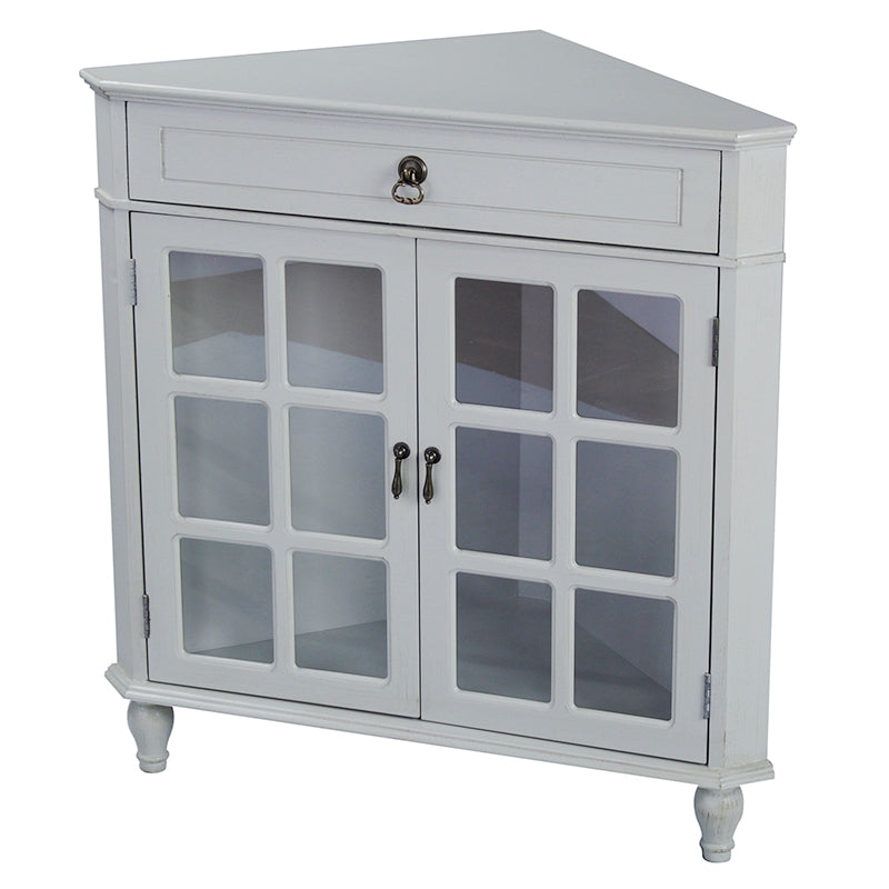 31" X 17" X 32" Light Sage MDF  Wood  Clear Glass Corner Cabinet with a Drawer and  Doors