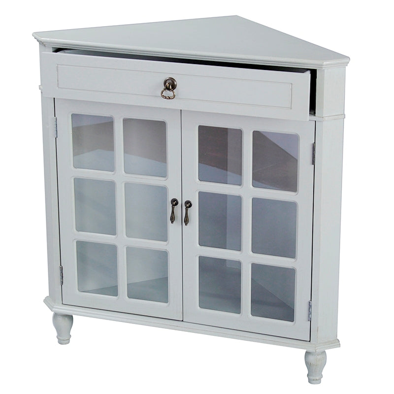 31" X 17" X 32" Light Sage MDF  Wood  Clear Glass Corner Cabinet with a Drawer and  Doors